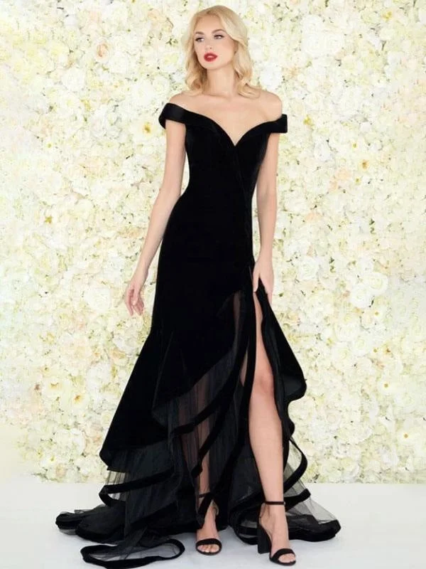 Evening Dress Mermaid Off-The-Shoulder Velour Ruffles Formal Split Party Dresses Gossip Gowns Tunics Office stylish