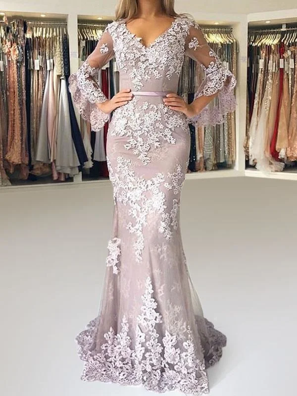 Evening Dress Mermaid V Neck Long Sleeves Zipper Lace Satin Fabric Formal Party Dresses With Train Tunics Print Colorful