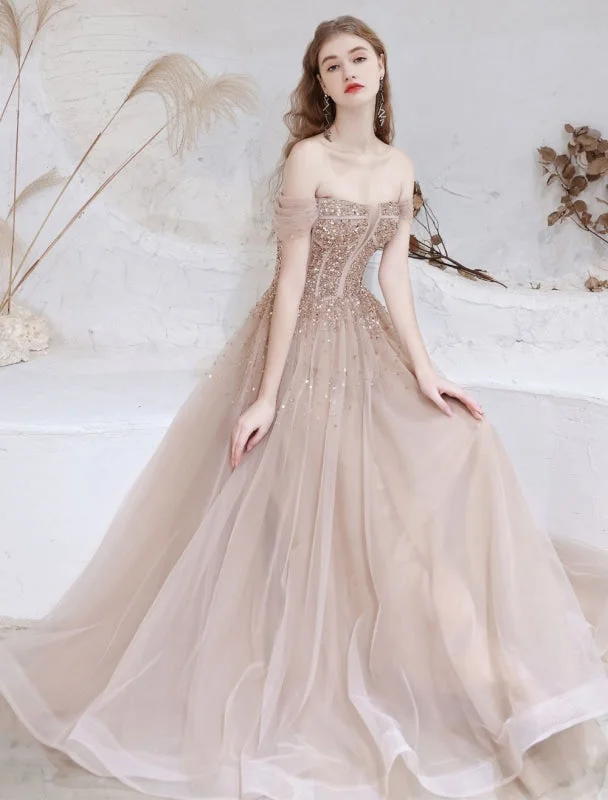 Evening Dress Nude Color A Line Bateau Neck Floor Length Short Sleeves Lace Up Sequins Formal Dinner Dresses Pageant Dress Turtleneck Neckline Stylish