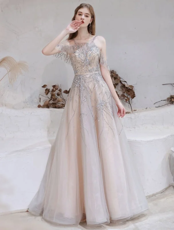 Evening Dress Nude Color A Line Bateau Neck With Train Sleeveless Zipper Formal Party Dresses Pageant Dress Tunics Brand named