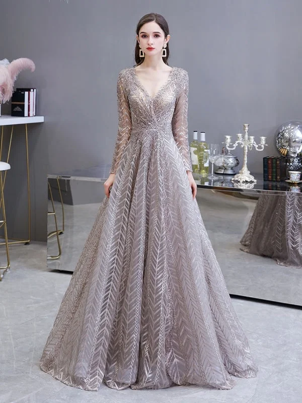 Evening Dress Princess Silhouette V Neck Long Sleeve Lace Sequins Floor Length Social Party Dresses Tunics Modern contemporary