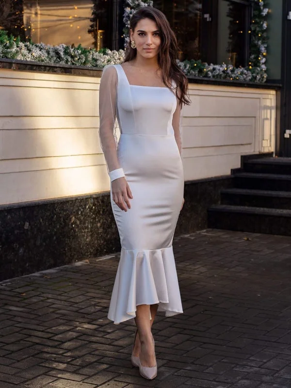 Evening Dress Sheath Square Neck Tea-Length Long Sleeves Zipper Ruffles Polyester White Formal Party Dresses Tunics Trousers formal