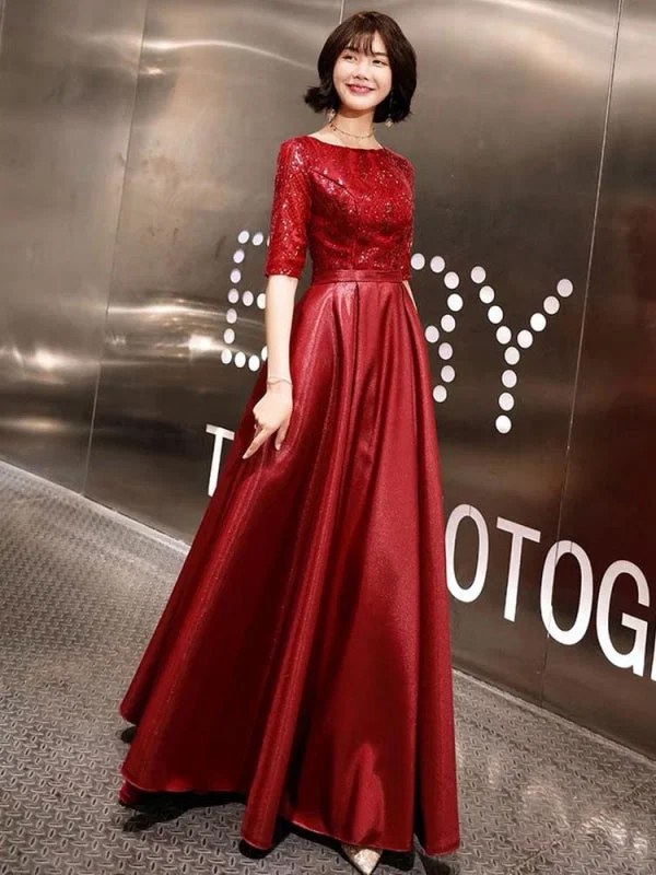 Evening Dresses Burgundy Half Sleeve Sequin Satin Floor Length Long Prom Gown High-Low Hemline Casual