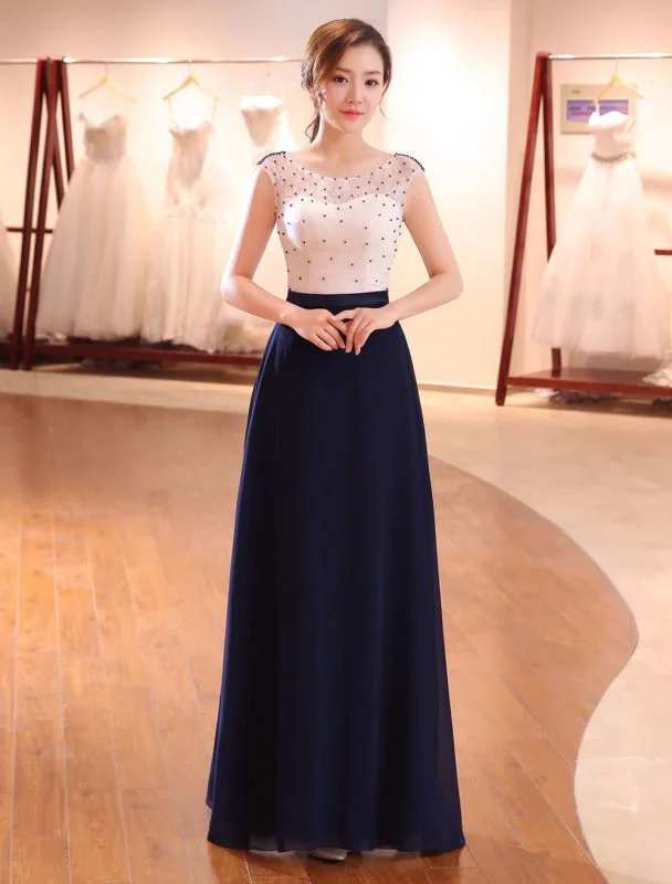 Evening Dresses Dark Navy Lace Formal Dress Illusion Beaded Contrast Color Floor Length Wedding Guest Dress Tunics Stylish elegant