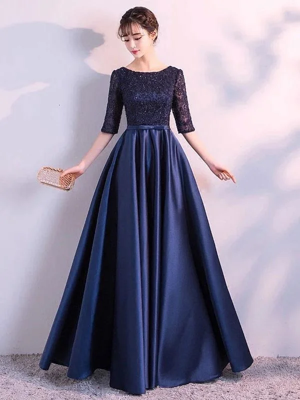 Evening Dresses Dark Navy Long Prom Dress Lace Satin Bow Sash Half Sleeve Formal Gowns Tunics Lace romantic