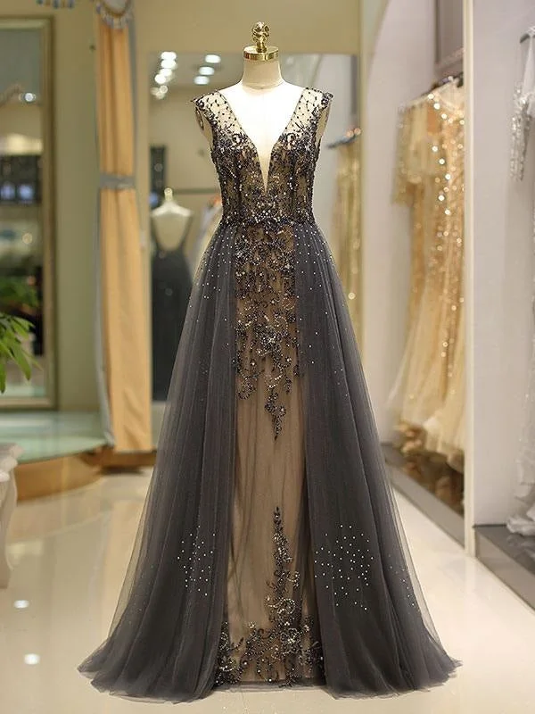 Evening Dresses Grey Luxury Heavy Beaded Tulle Backless V Neck Formal Evening Dress With Train Tunics Cozy comfortable