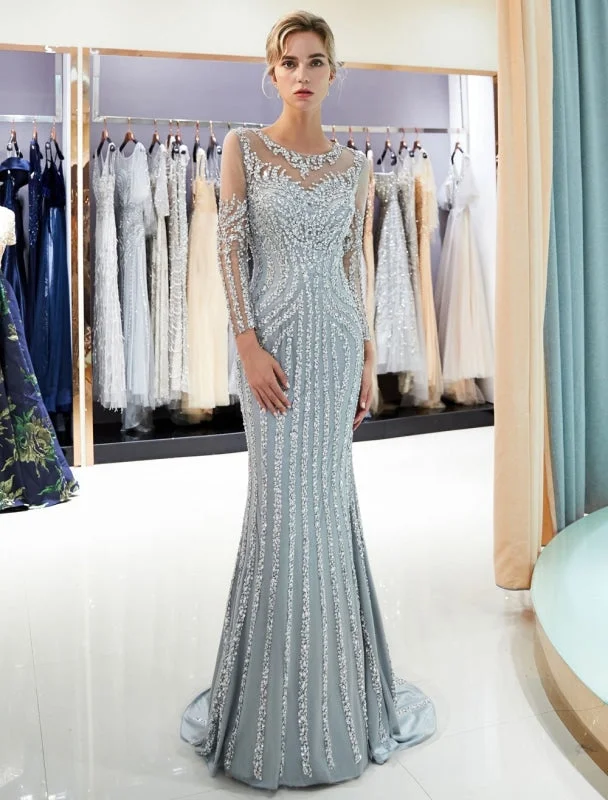 Evening Dresses Long Sleeve Light Grey Mermaid Beading Illusion Luxury Formal Gowns Tunics Satin smooth