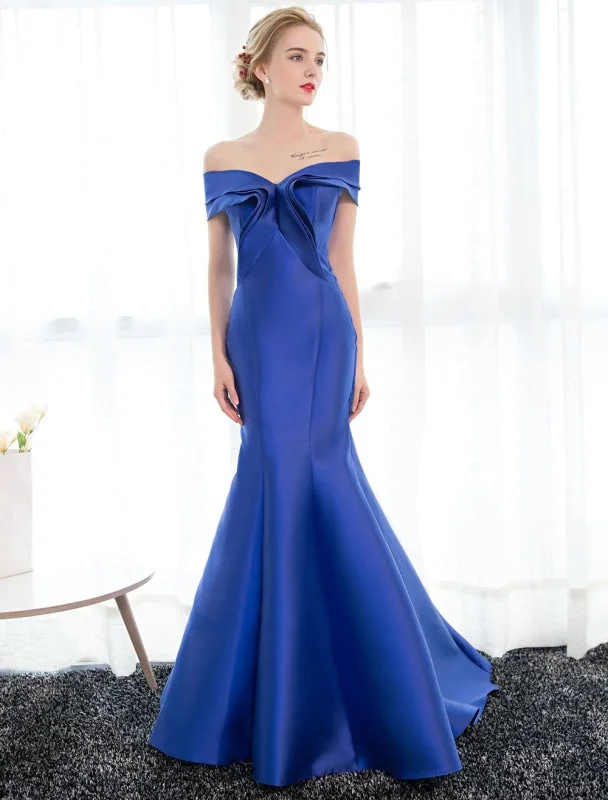 Evening Dresses Satin Royal Blue Evening Gown Off The Shoulder Mermaid Formal Dress With Train Cowl Neckline Elegant