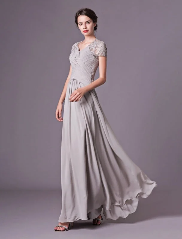 Evening Dresses Silver Lace Short Sleeve Formal Gowns Chiffon Pleated Floor Length Mother Of Bride Dress Tunics Lace romantic