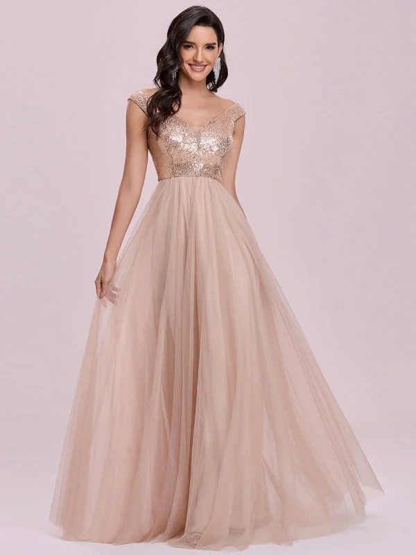 Flesh Color Homecoming Dress A-Line V-Neck Sleeveless Backless Sequined Tulle Floor-Length Evening Dress Shift Classic Vintage