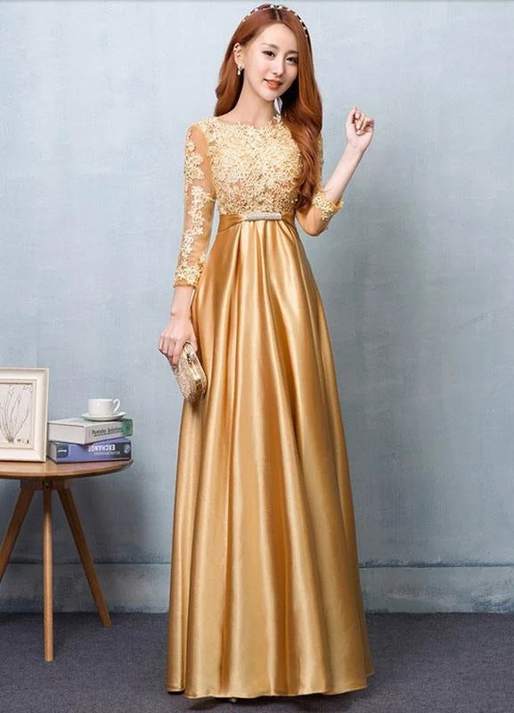 Gold Evening Dress Satin Prom Dress Lace Applique Wedding Guest Dresses Sash A Line Maxi Mother'S Dress Wedding Guest Dress Tunics Trendy modern