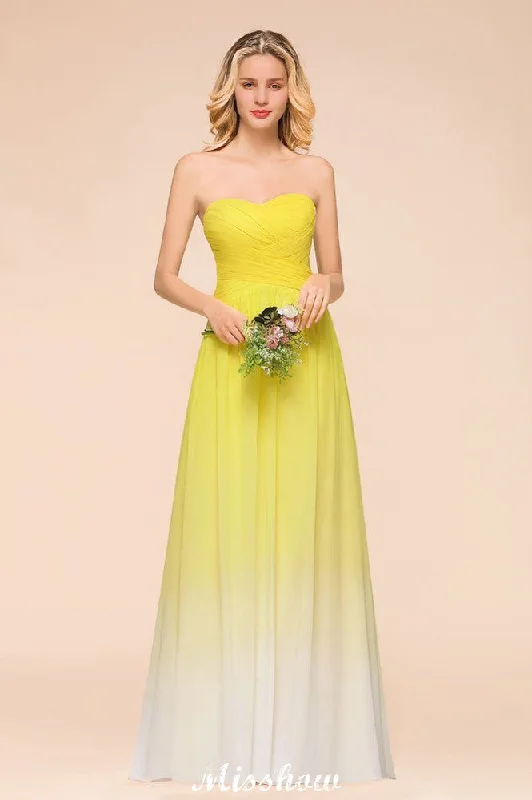 Gradient Sweetheart Floor Length Bridesmaid Dress Chiffon Wedding Party Dress Tunics Satin smooth