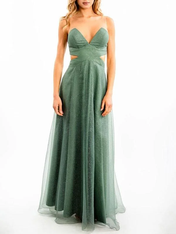 Green Evening Dress A Line V Neck Sleeveless Backless Tulle Cut Out Floor Length Social Party Dresses Tunics Custom made