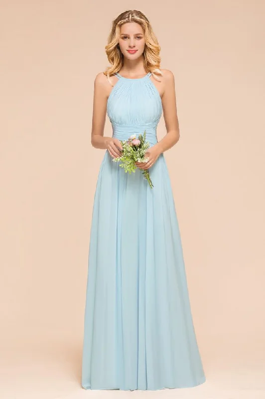 Halter Sky Blue Floor Length Bridesmaid Dress online Sleeveless A-line party Dress Chiffon Maxi Beach