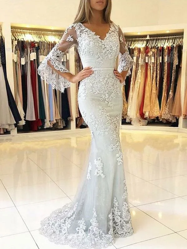 Lace Evening Dress Ivory V Neck Long Sleeve Floor Length Formal Dress Mermaid Party Dresses Tunics Chic fashionable