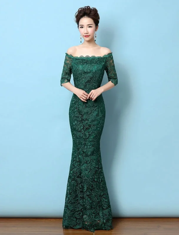 Lace Evening Dress Off The Shoulder Mermaid Party Dress Dark Green Half Sleeve Maxi Occasion Dress Wedding Guest Dress Shift Classic Vintage