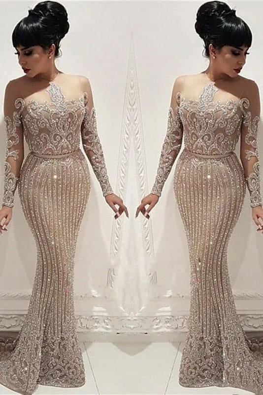 Luxury Beading Crystal Prom Dresses Long Illusion Long Sleeve Mermaid Formal Party Dresses Boatneck Modish Everyday