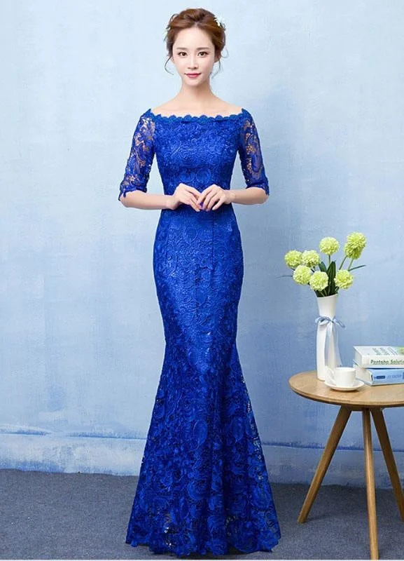 Mermaid Evening Dress Royal Blue Lace Prom Dress Off The Shoulder Half Sleeve Fishtail Maxi Party Dress Wedding Guest Dress A-Line Day Work