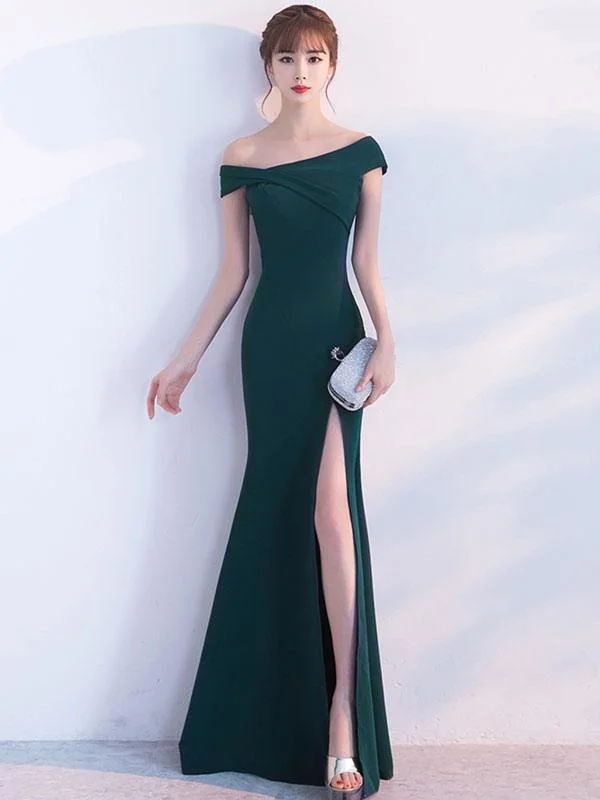 Mermaid Homecoming Dress Oblique Short Sleeve Long Evening Dresses Dark Green Split Occasion Dresses With Train Tunics Sophisticated sleek