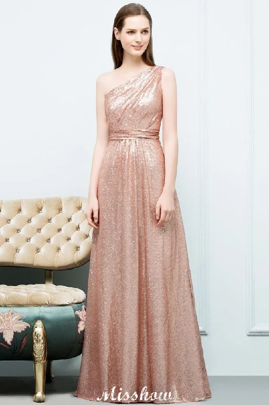 Misshow A-line Sequined One-shoulder Floor-Length Evening Dress Evening Dress Crew Neckline Sporty