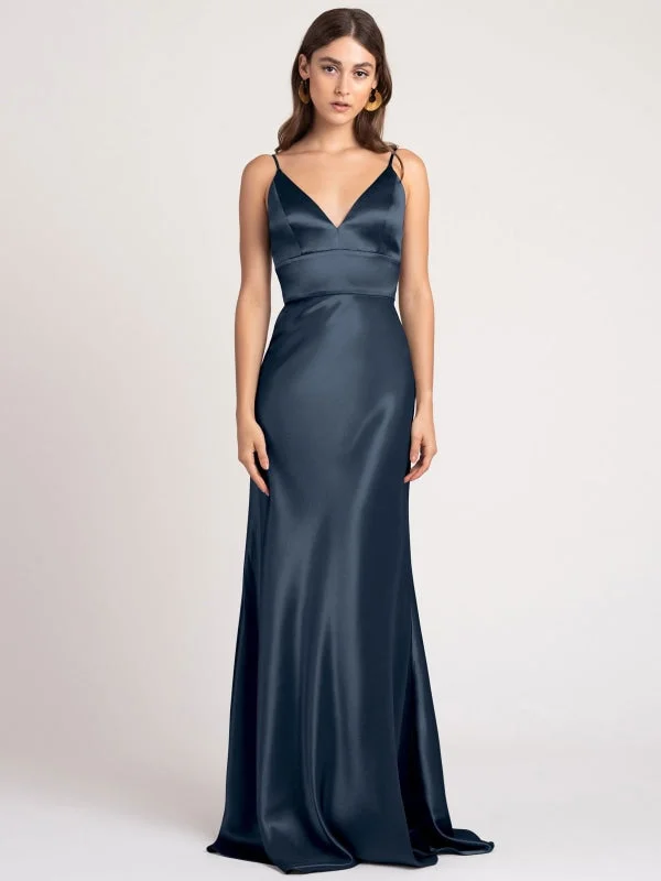 Navy Blue Evening Dress A-Line V-Neck Floor-Length Sleeveless Backless Matte Satin Formal Party Dresses Tunics Long Elegant