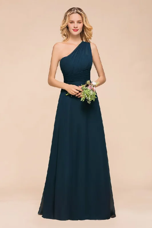 One Shoulder Floor-Length Bridesmaid Dress A-line Chiffon Wedding Party Dresses Tunics Lace romantic