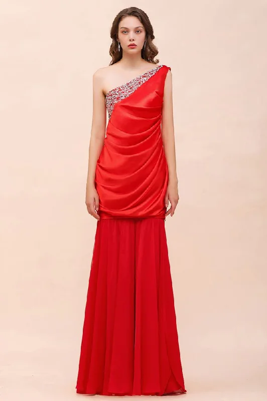 One Shoulder Strech Satin Red Ruffle Bridesmaid Dress Floor Length/Mini Party Dress Shift Classic Vintage