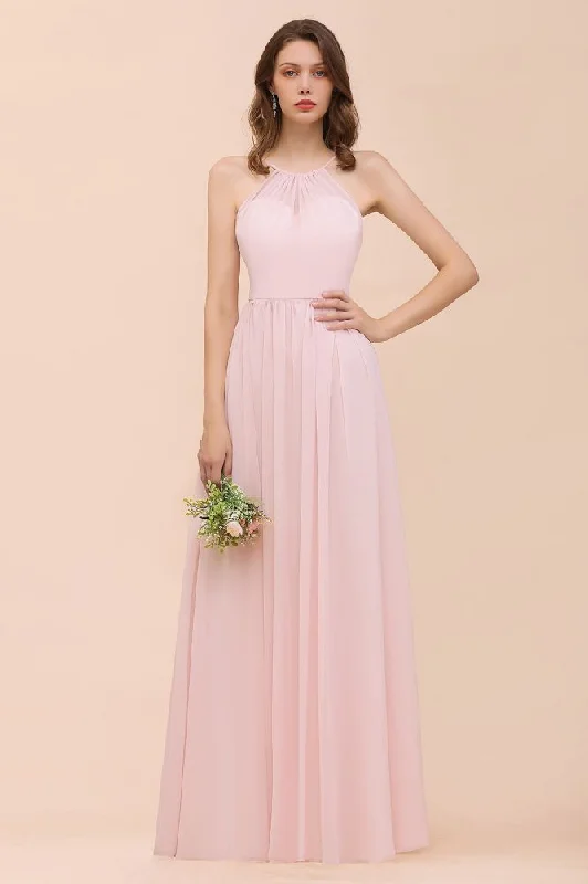 Pink Girls Bridesmaid Dress Halter Floor Length Chiffon Beach Wedding Party Dress Off-the-shoulder Bohemian Festive