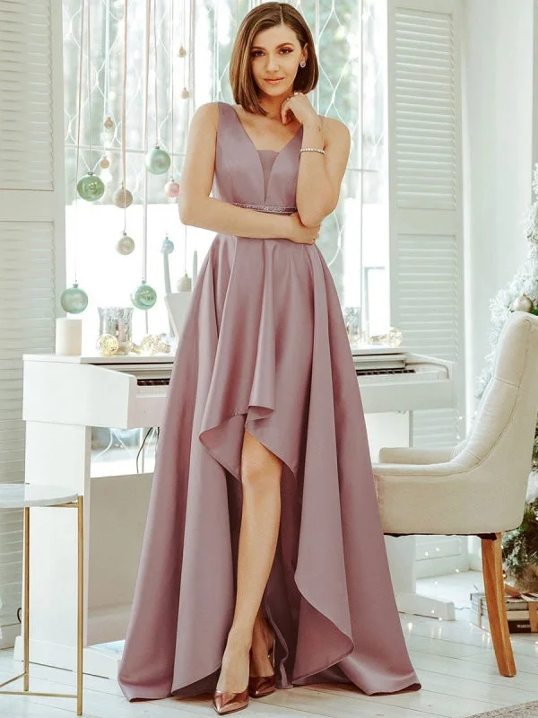 Pink Prom Dress A-Line With Train V-Neck Sleeveless Satin Fabric Maxi Sash Party Dresses Tunics Fashionable trendy