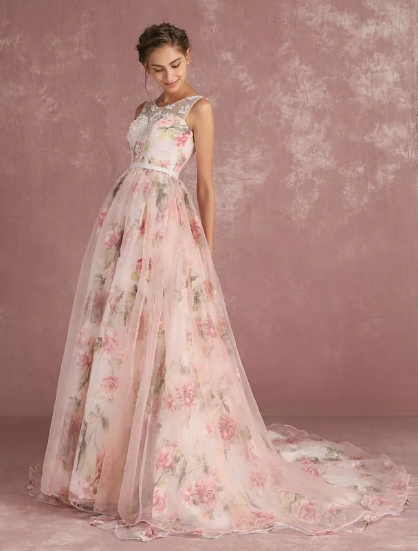 Pink Prom Dresses 2021 Long Floral Print Organza Pageant Dress Backless Chapel Train Party Dress Tunics Business professional