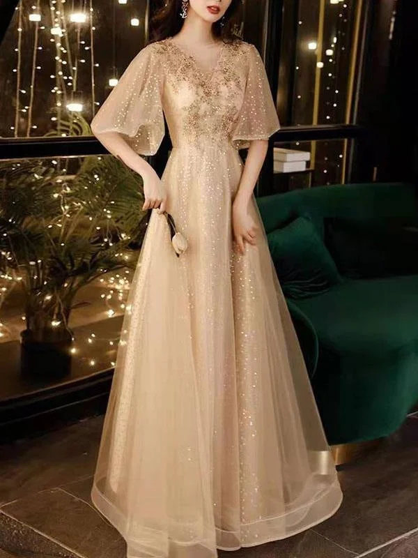 Prom Dress Champagne A-Line V-Neck Tulle Half Sleeves Beaded Maxi Party Dresses Tunics Summer linen