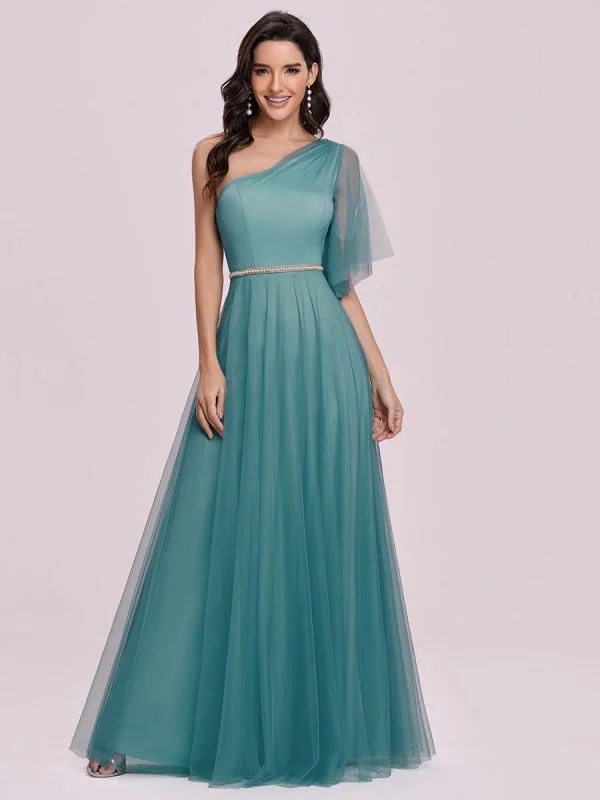 Prom Dress Cyan Blue Polyester One-Shoulder A-Line Sleeveless Backless Maxi Party Dresses Tunics Bridal satin