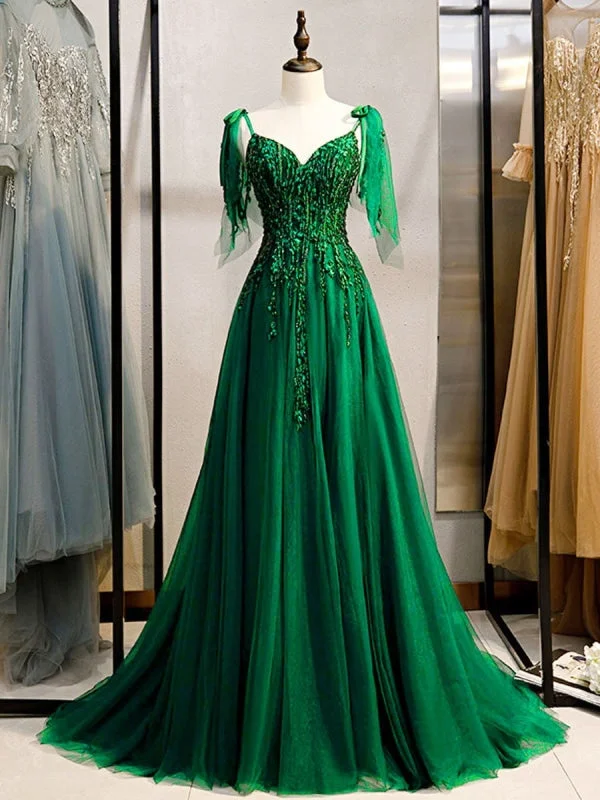 Prom Dress Deep Green Lace V-Neck A-Line Sleeveless Beaded Lace-Up Maxi Party Dresses Tunics Favorite customer