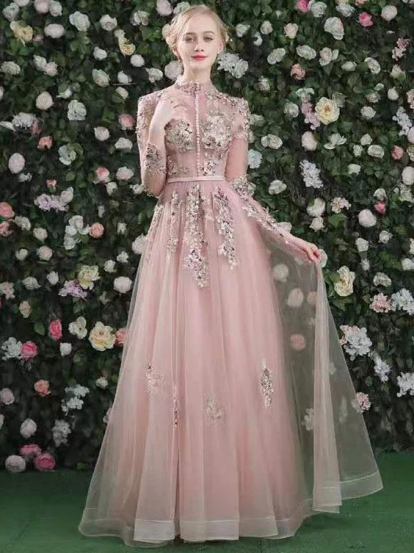 Prom Dress Pink High Collar Soft Tulle Lace A-Line Long Sleeves Lace-Up Beaded Party Dresses Tunics New arrival