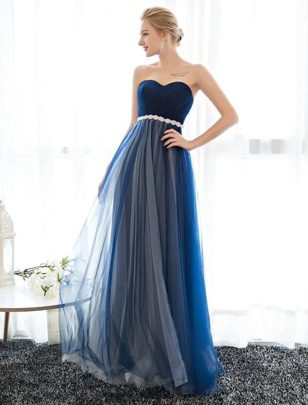 Prom Dress Strapless Dark Navy Sweetheart Neckline Long Party Dresses Beaded Sash Pleated Tulle Floor Length Evening Dress Tunics Leisure comfortable