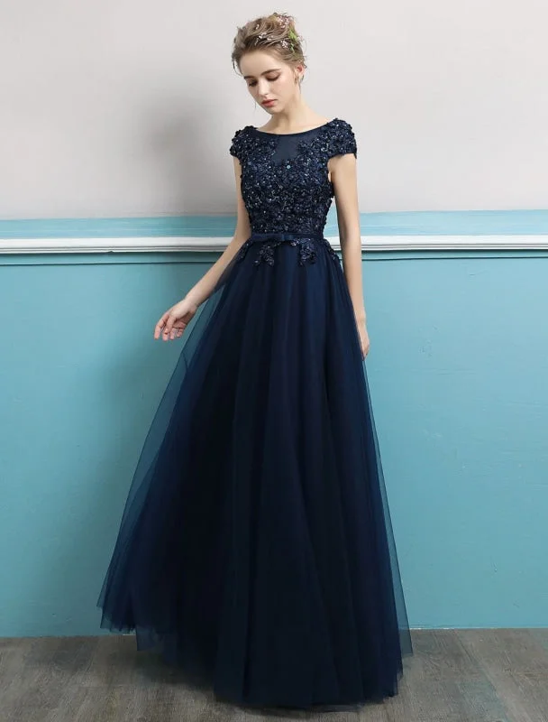 Prom Dresses 2021 Long Dark Navy Evening Dress Jewel Neck Open Back Sequin Flowers Beaded Tulle Floor Length Formal Gowns Tunics Silk luxurious