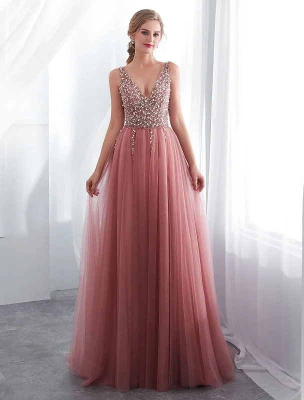 Prom Dresses Cameo Pinkv Neck Beading A Line Formal Evening Dress With Train Tunics Modern contemporary