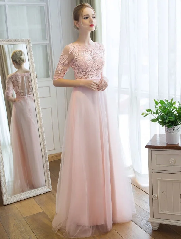 Prom Dresses Long Soft Pink Half Sleeve Lace Tulle Formal Evening Lace Applique Maxi Party Dress Chiffon Maxi Beach