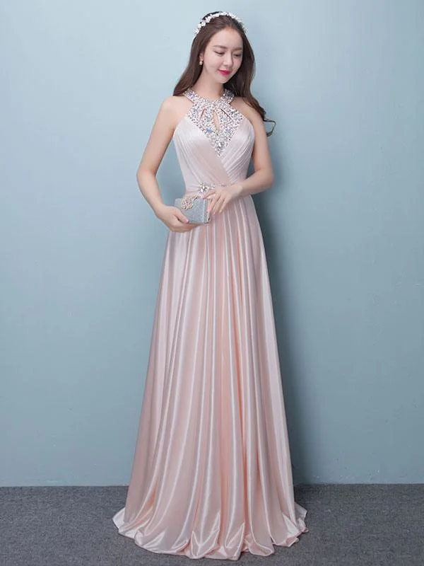 Prom Dresses Long Soft Pink Satin Evening Dress Halter Beading Pleated Floor Length Formal Party Dress Tunics Chic fashionable