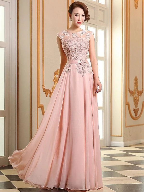 Prom Dresses Soft Pink Lace Applique Evening Dresses Chiffon Sleeveless Sash Floor Length Formal Gowns Tunics Solid Classic