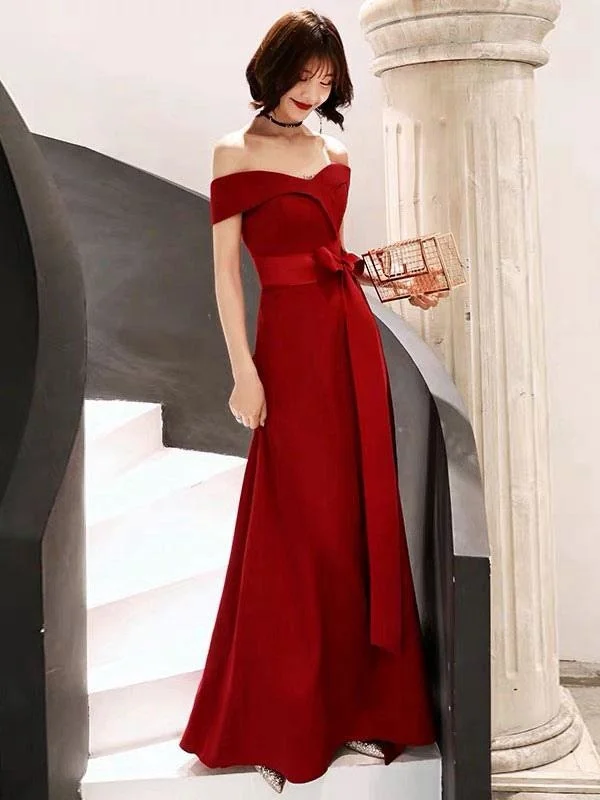 Red Evening Dress 2021 Off Shoulder Floor Length Satin Sash Social Prom Party Dresses Tunics Fashionable trendy