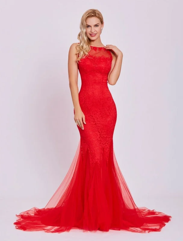 Red Prom Dresses 2021 Long Backless Sexy Evening Dress Lace Mermaid Tulle Formal Gown With Train Wedding Guest Dress Tunics Travel practical