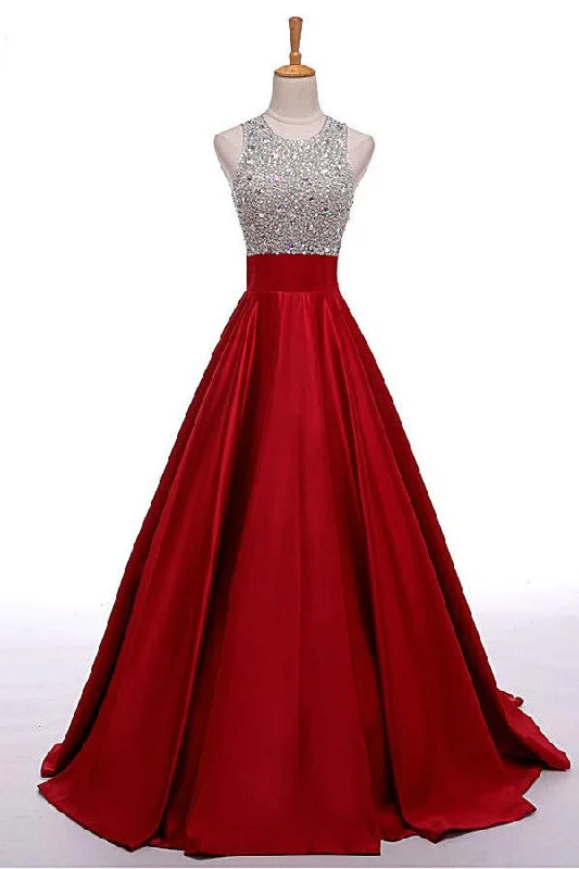 Red Long Beading A-line Prom Dress, Cheap Satin Formal Evening Dresses For Teens OK153 Tunics Spring floral