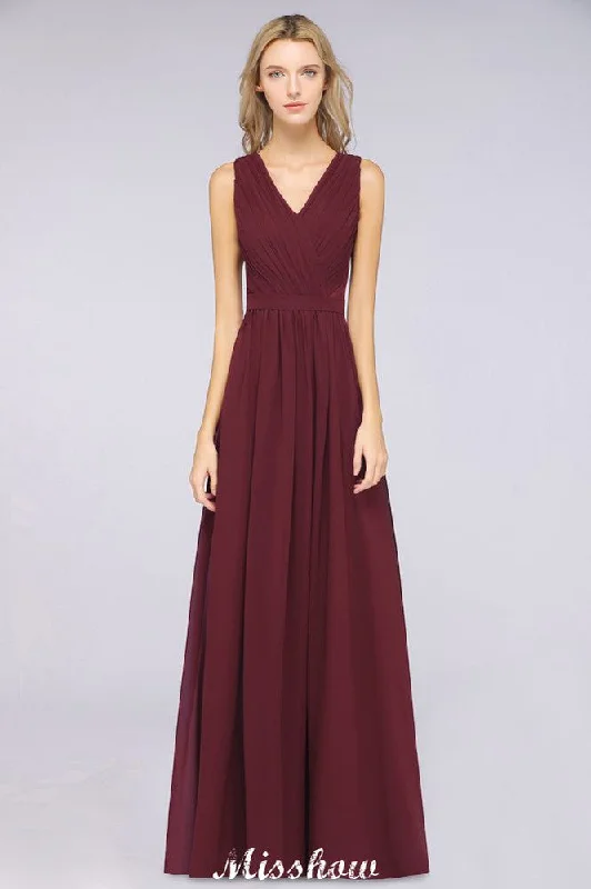 Ruffle A-Line Floor-Length Bridesmaid Dress Chiffon Lace V-Neck Evening Dress Tunics Canvas sturdy