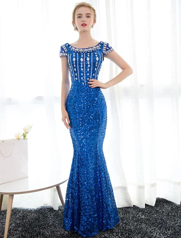 Sequin Evening Dresses Royal Blue Mermaid Formal Dress Rhinestones Beaded Cap Sleeve Floor Length Evening Gown Wedding Guest Dress Tunics Denim casual