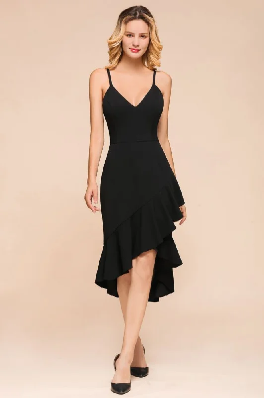 Sexy Spaghetti Straps Sweetheart Slim Hi-Lo Party Dress Vintage Backless Black Prom Dress Tunics Short Trendy