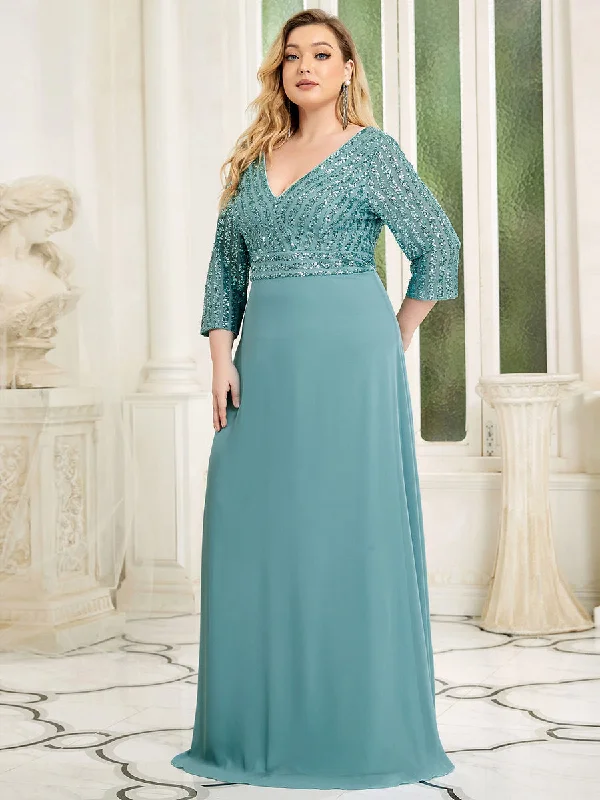 Sexy V Neck Pretty A-Line Sequin Wholesale Evening Dresses With 3/4 Sleeve A-Line Day Work