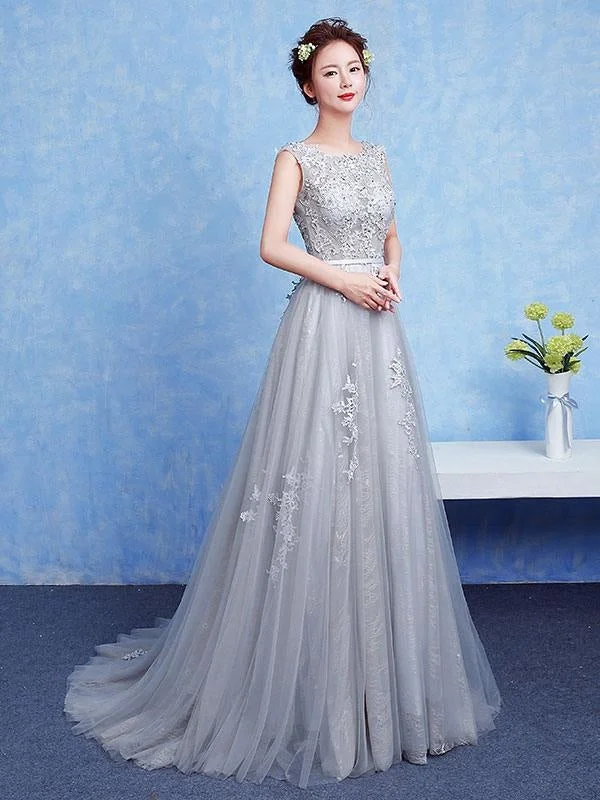 Silver Prom Dress Tulle Backless Party Dress Lace Applique A Line Occasion Dress With Train Tunics Denim casual