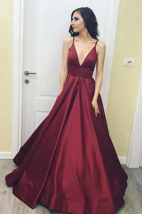 Simple Spaghetti Straps Burgundy V neck Long Prom Dresses,A Line Formal Evening Dress OK401 Tunics Wedding white