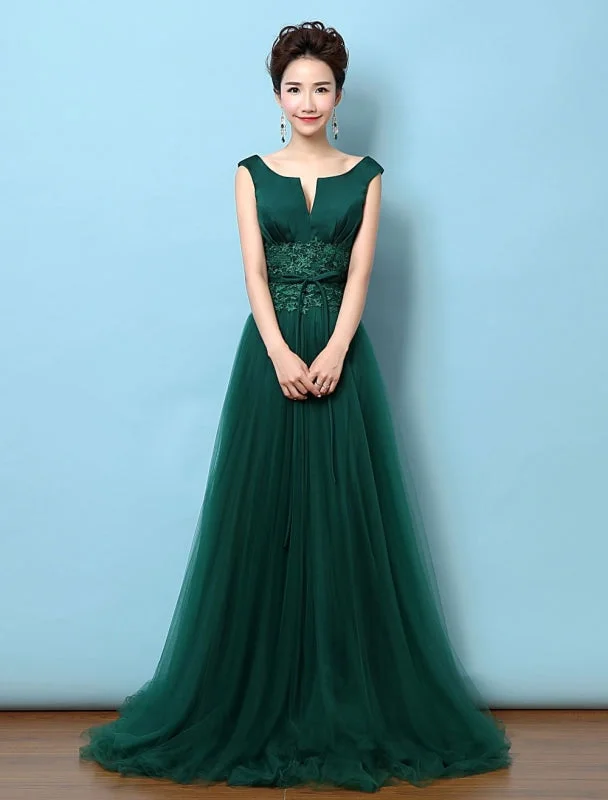 Tulle Evening Dress Backless Mother'S Dress Dark Green Notched Neckline Lace Applique Bow Wedding Guest Dresses With Train Wedding Guest Dress Tunics Canvas sturdy